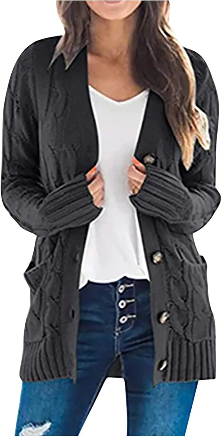 Sweaters for Women Fashion Open Front Long Sleeve Button Cardigans Chunky Cable Knitted Fall Winter Cardigan Outwear