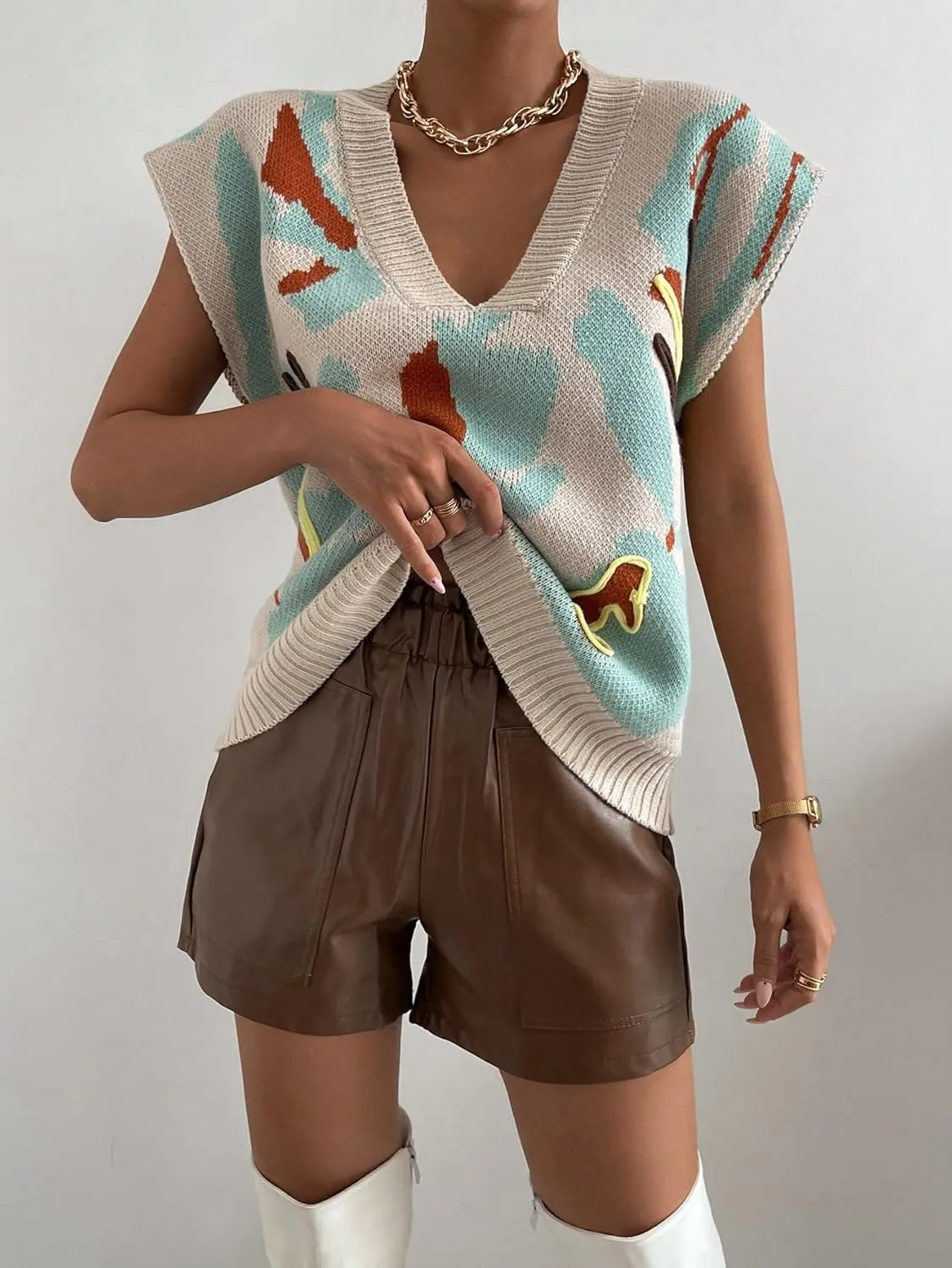 SweatyRocks Women's Colorblock Graphic Cap Sleeve V Neck Sweater Vest Casual Loose Fit Pullover Sweater Top