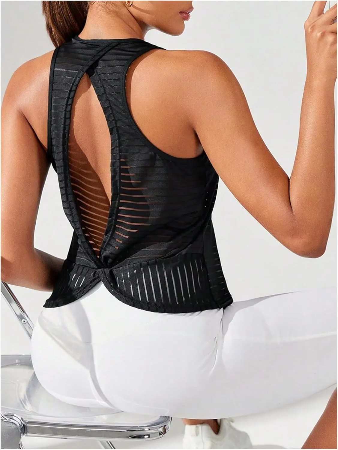 SweatyRocks Women's Open Back Twist Mesh Workout Athletic Tank Smocked Top