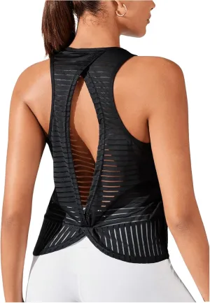 SweatyRocks Women's Open Back Twist Mesh Workout Athletic Tank Smocked Top