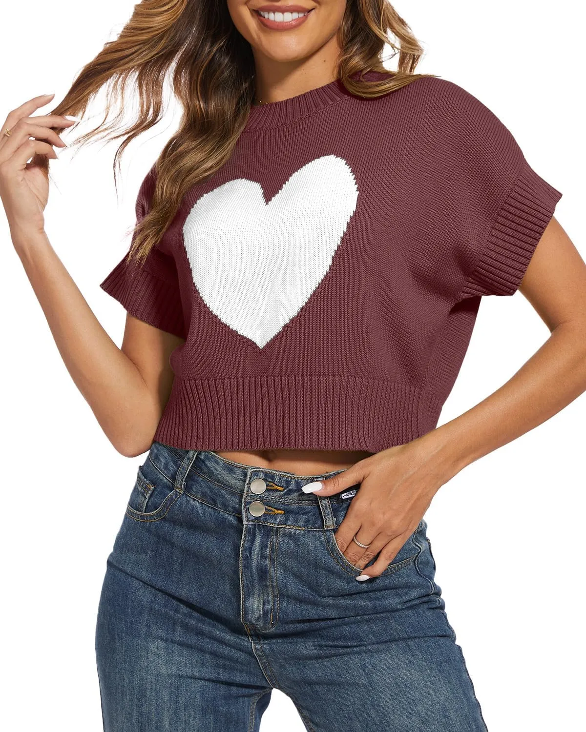 Tanou Womens Cap Sleeve Sweater Vest Mock Neck Crop Sweaters Causal Heart Knit Rib Hem Pullover Loose Fit Tank Top