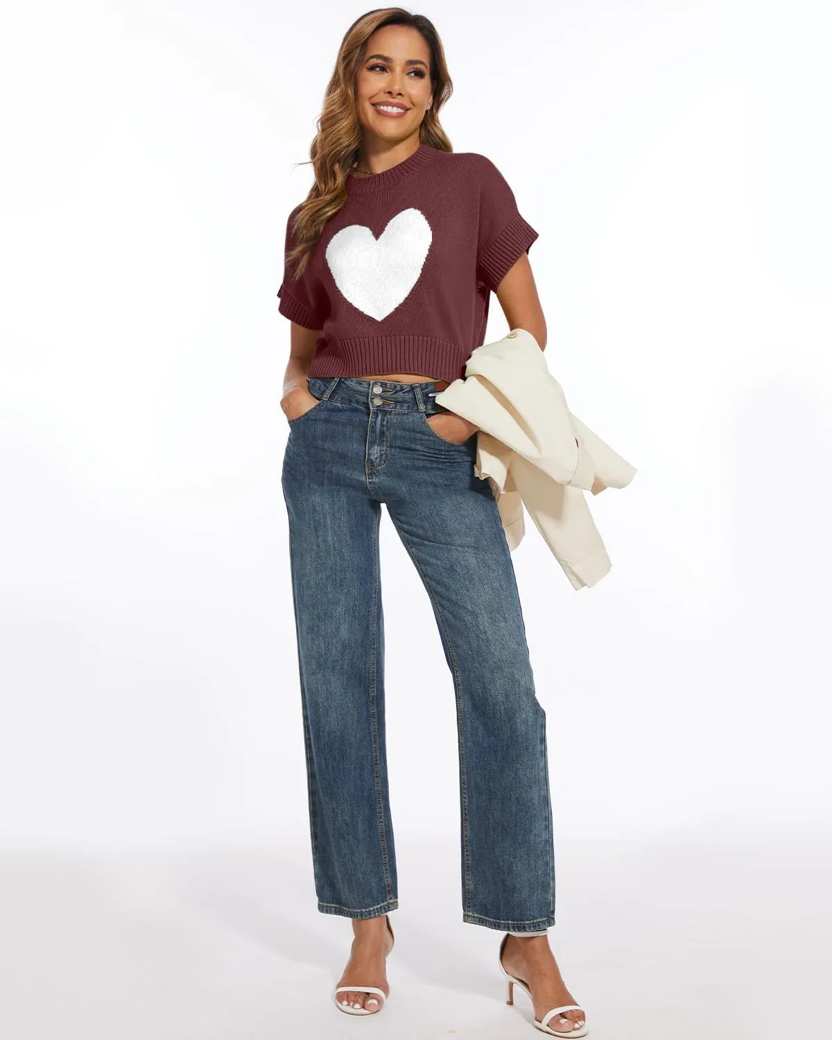 Tanou Womens Cap Sleeve Sweater Vest Mock Neck Crop Sweaters Causal Heart Knit Rib Hem Pullover Loose Fit Tank Top