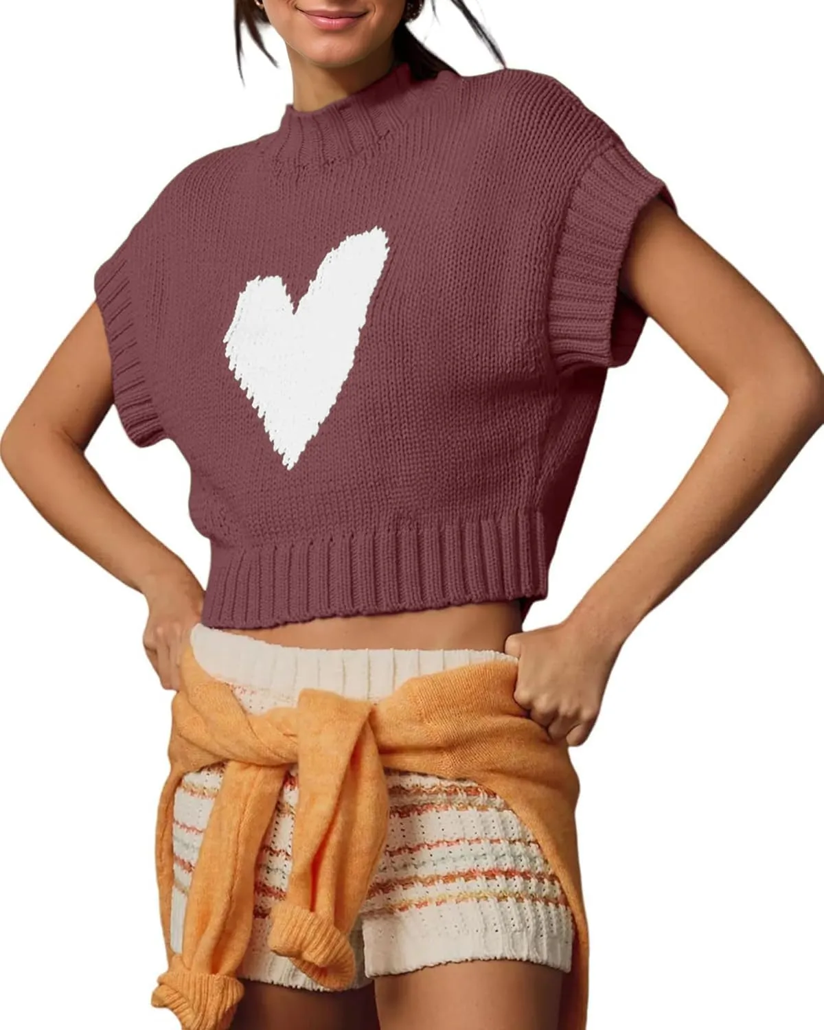Tanou Womens Cap Sleeve Sweater Vest Mock Neck Crop Sweaters Causal Heart Knit Rib Hem Pullover Loose Fit Tank Top