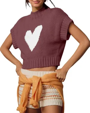 Tanou Womens Cap Sleeve Sweater Vest Mock Neck Crop Sweaters Causal Heart Knit Rib Hem Pullover Loose Fit Tank Top