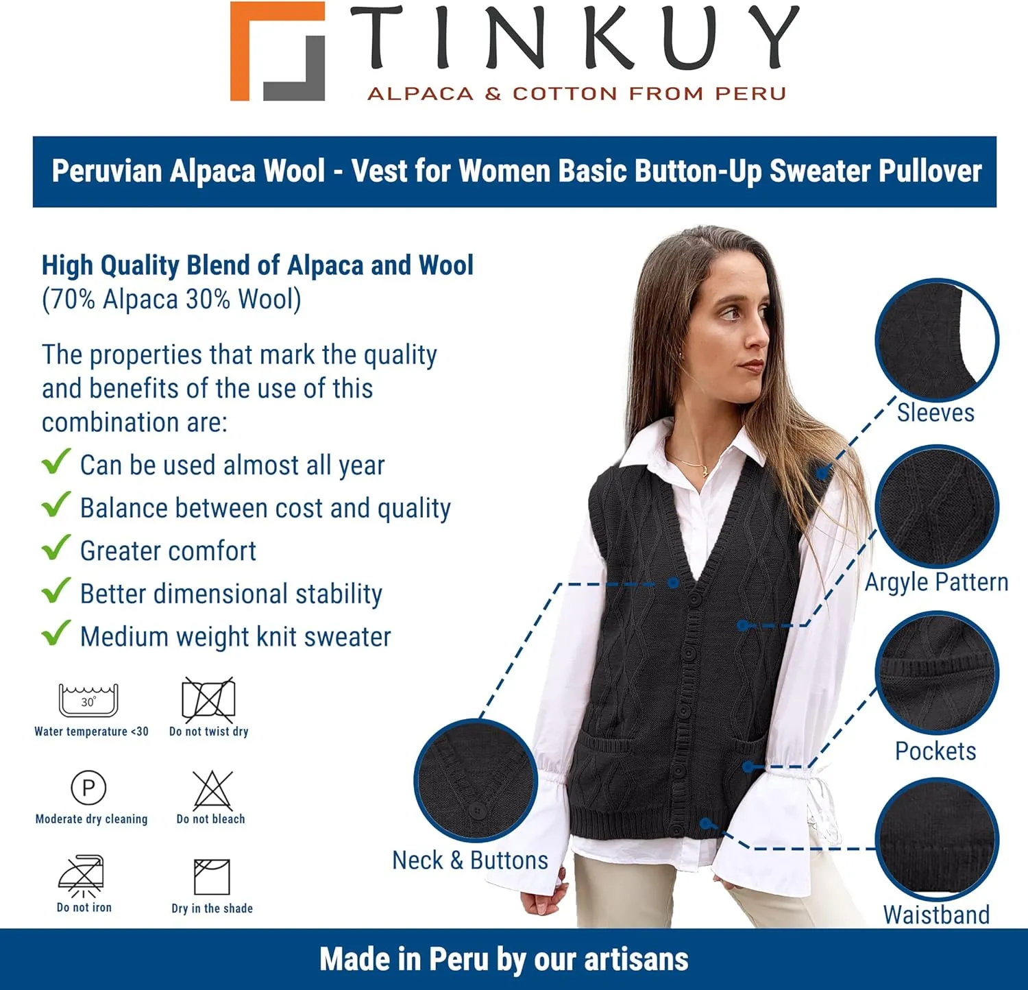 TINKUY Peru Womens Alpaca Wool V Neck Argyle Cardigan Vest S-4XL