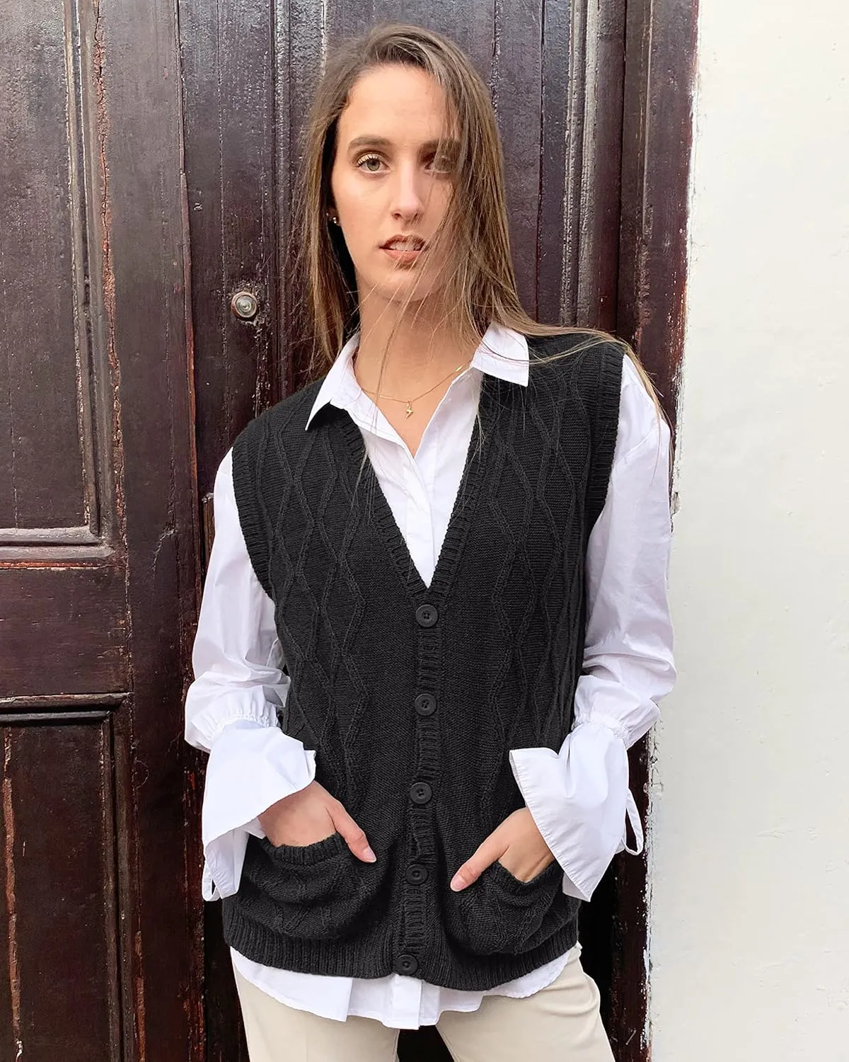 TINKUY Peru Womens Alpaca Wool V Neck Argyle Cardigan Vest S-4XL