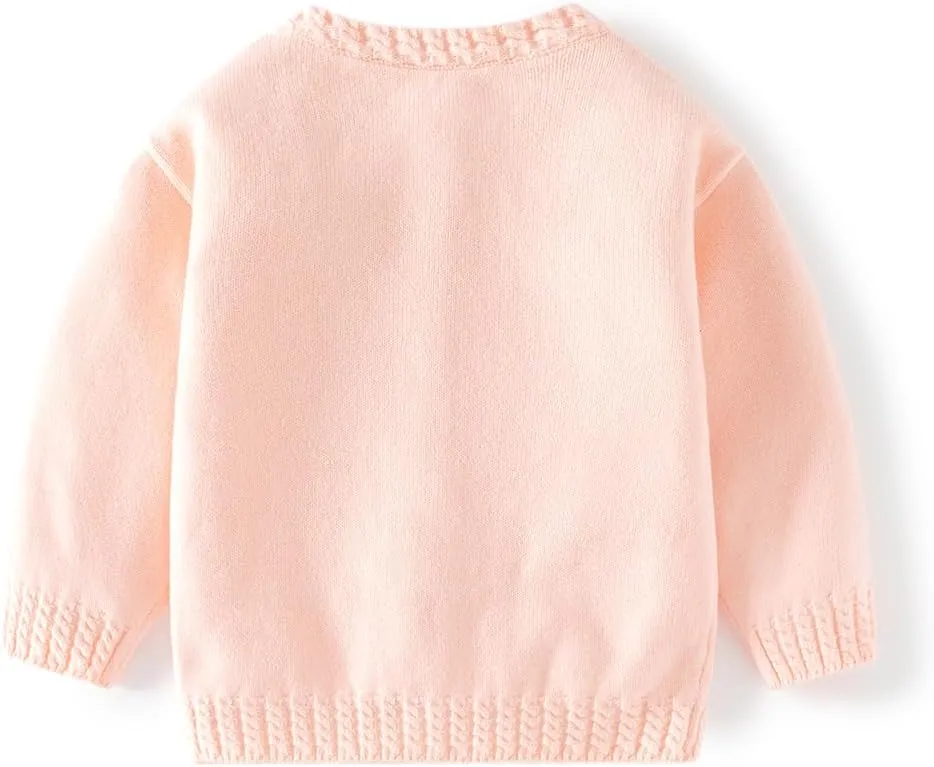 Toddler Baby Girls Cotton Knit Jacquard Sweater Cardigan, Crew Neck Spring Coat Sweater Long Sleeve Clothes Warm Tops