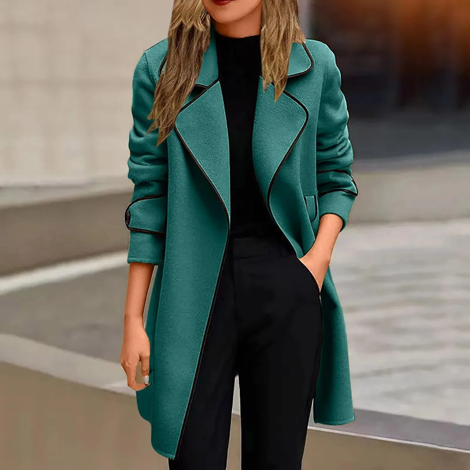 Trench Coat for Women 2023 Fashion Wool Blend Long Sleeve Lapel Open Front Overcoat with Pocket Coats Jackets