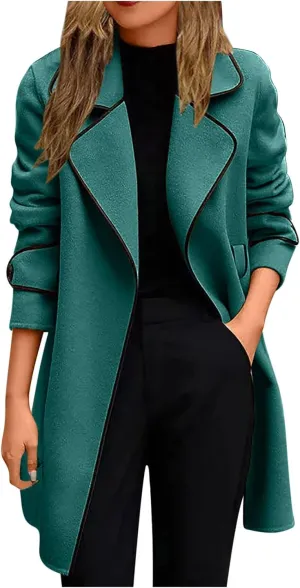 Trench Coat for Women 2023 Fashion Wool Blend Long Sleeve Lapel Open Front Overcoat with Pocket Coats Jackets