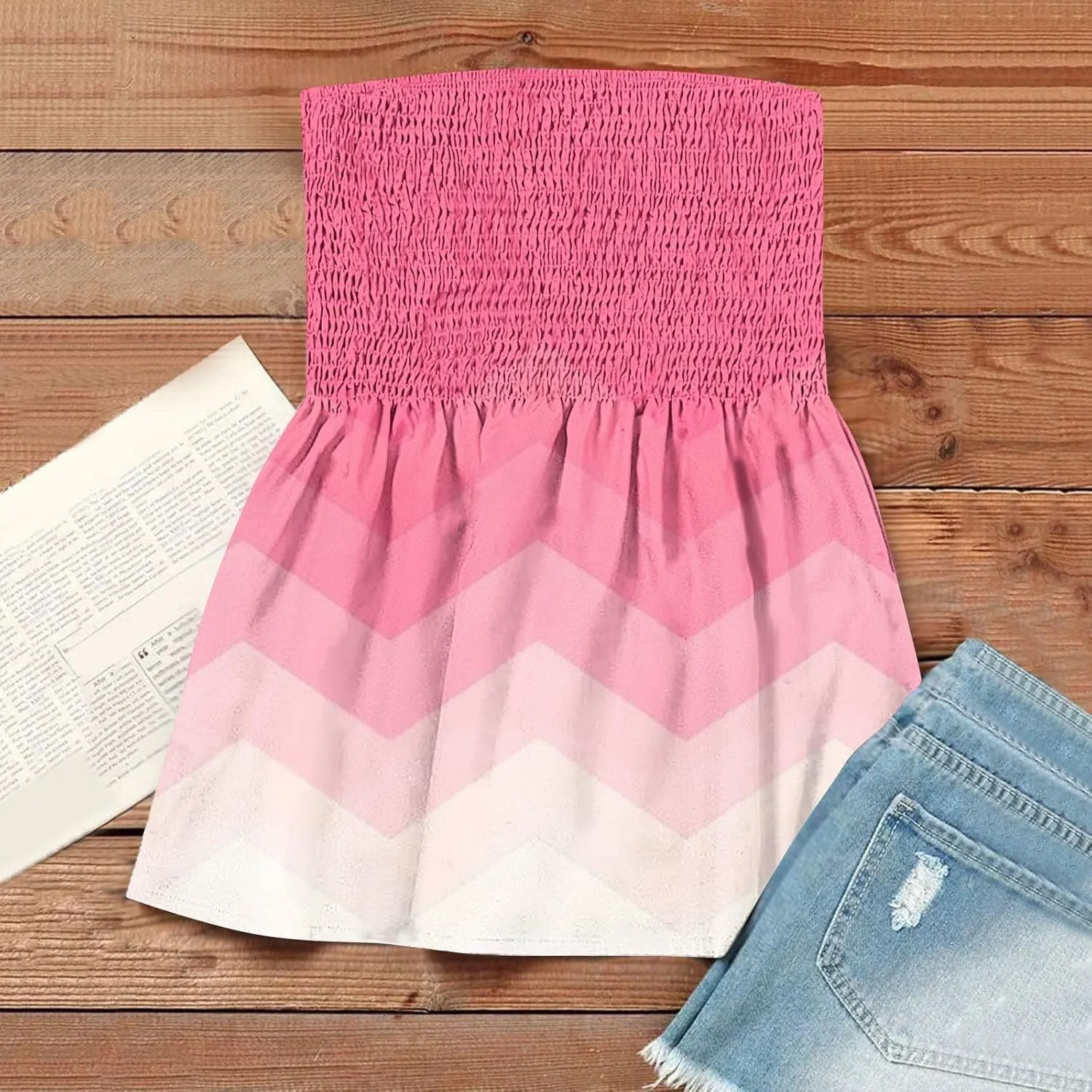 Tube Tops for Women Smocked Ruffled Floral Print Tanks Sleeveless Strapless Tube Tops Business Casual Bandeau