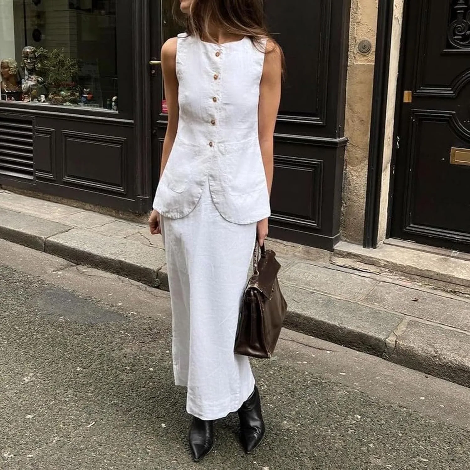 Two Piece Sets for Women Summer Old Money Long Vest Boho Maxi Skirt Set Linen Set 2 Piece Sets for Ladies Going Out