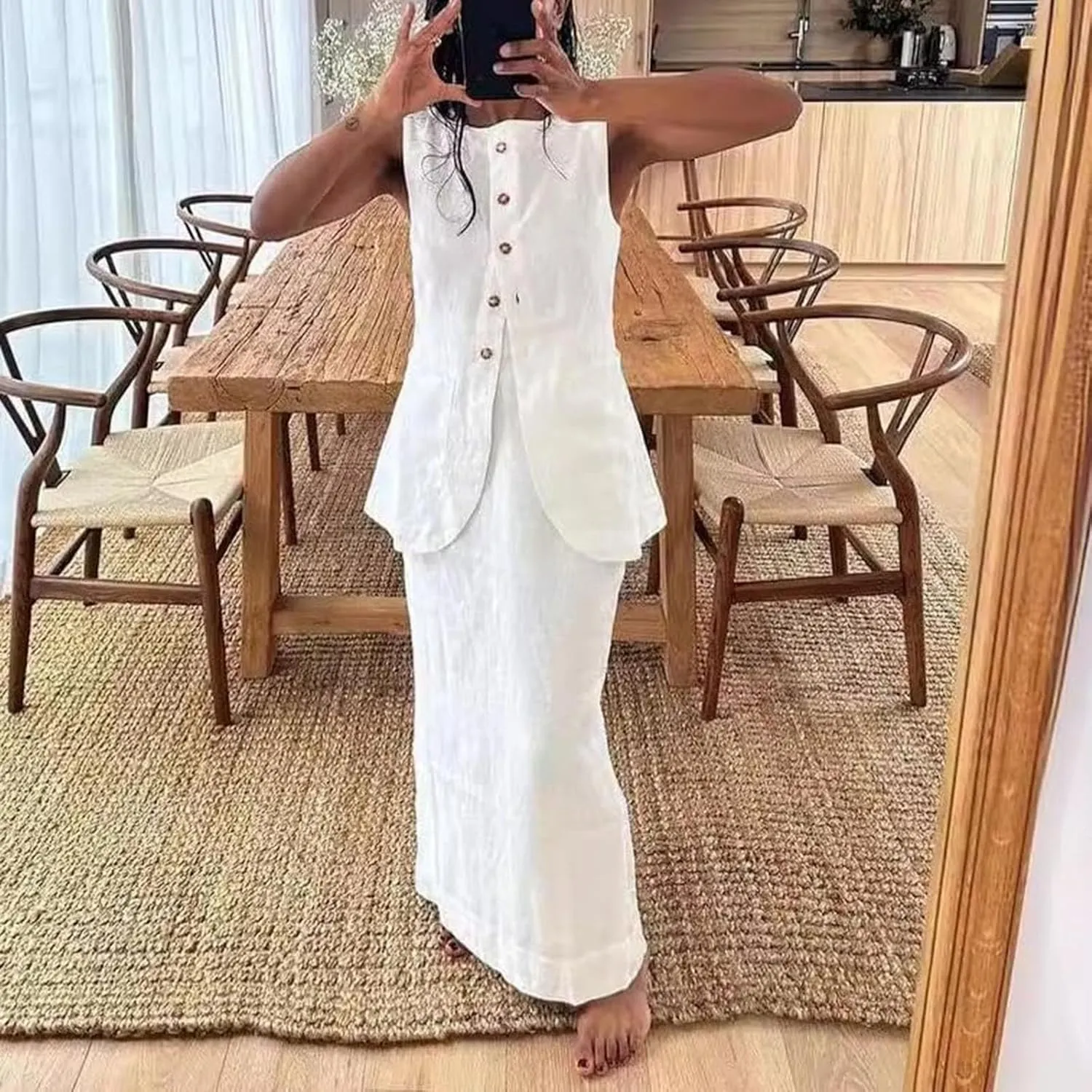 Two Piece Sets for Women Summer Old Money Long Vest Boho Maxi Skirt Set Linen Set 2 Piece Sets for Ladies Going Out