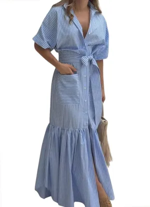 utcoco Women's 2025 Summer Casual Striped Button Down Maxi Dress Tie Waist Short Sleeve Shirt Dress with Pockets
