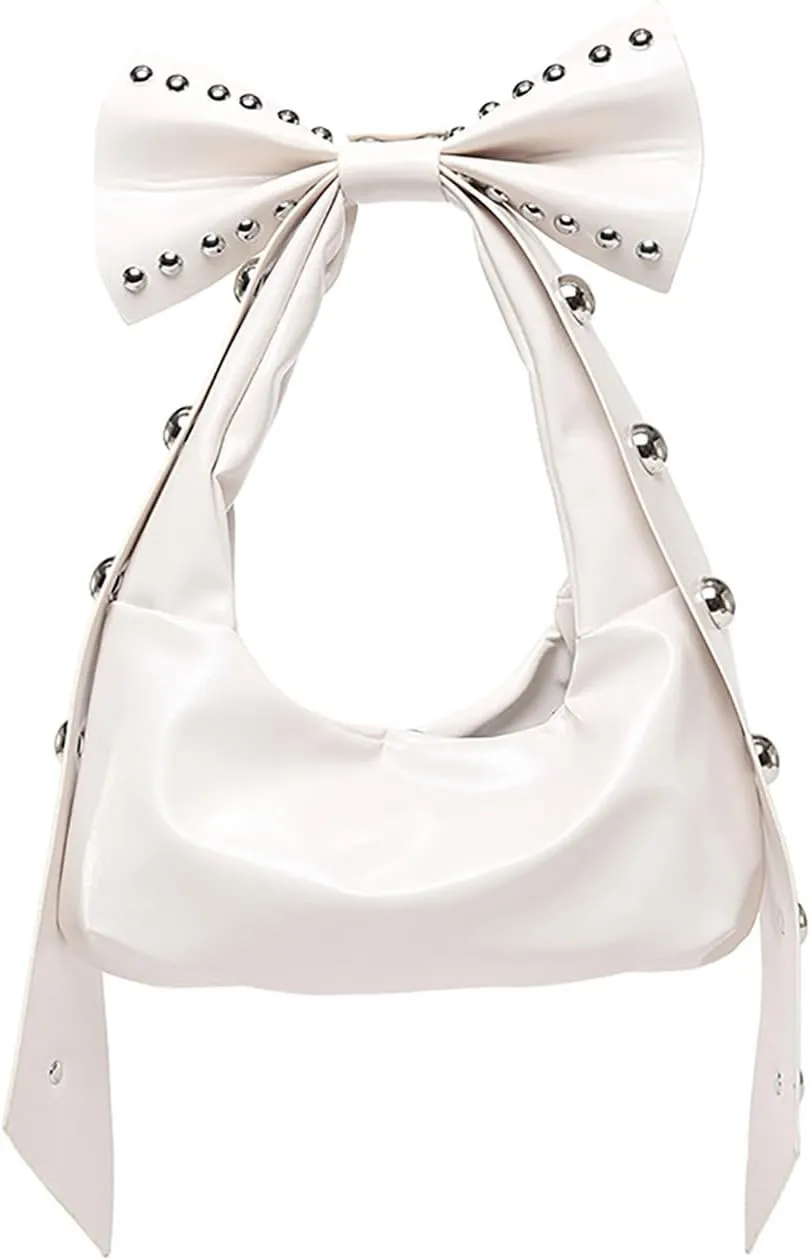 Verdusa Women's Bowknot Studded Shoulder Handbags Punk PU Leather Top Handle Clutch Purses
