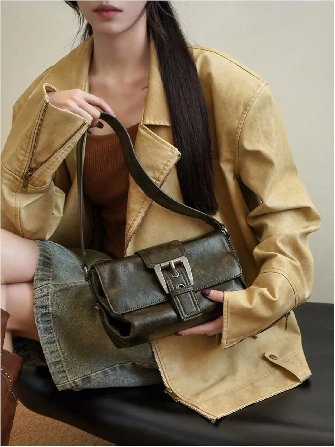 Verdusa Women's Buckle Square Bags Vintage Top Handle Underarm Shoulder Handbags