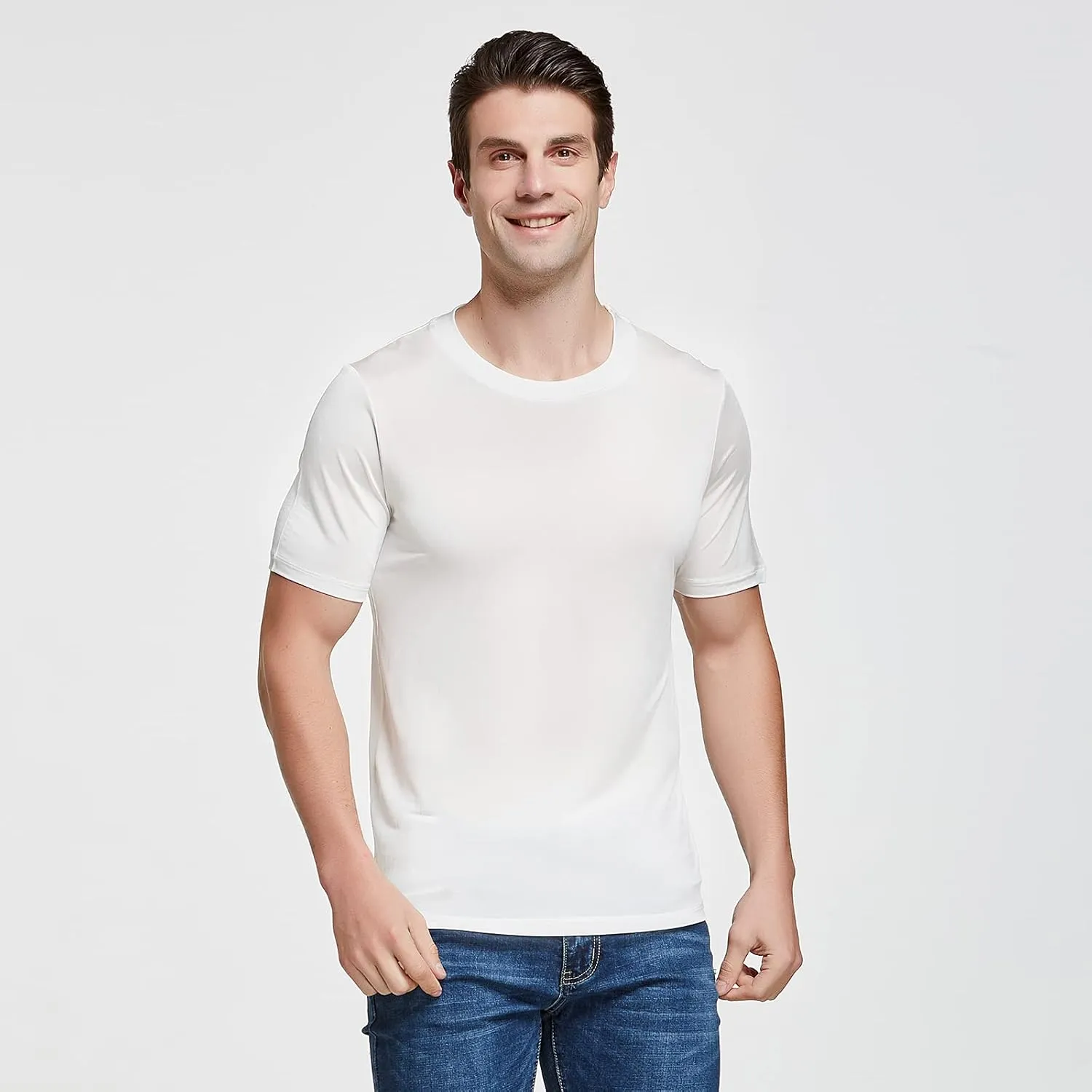 Viamulion Mens Silk Knitted T Shirt 100% Pure Mulberry Silk Sleep T Shirt Soft Cool Performance Crew Neck Casual Undershirt