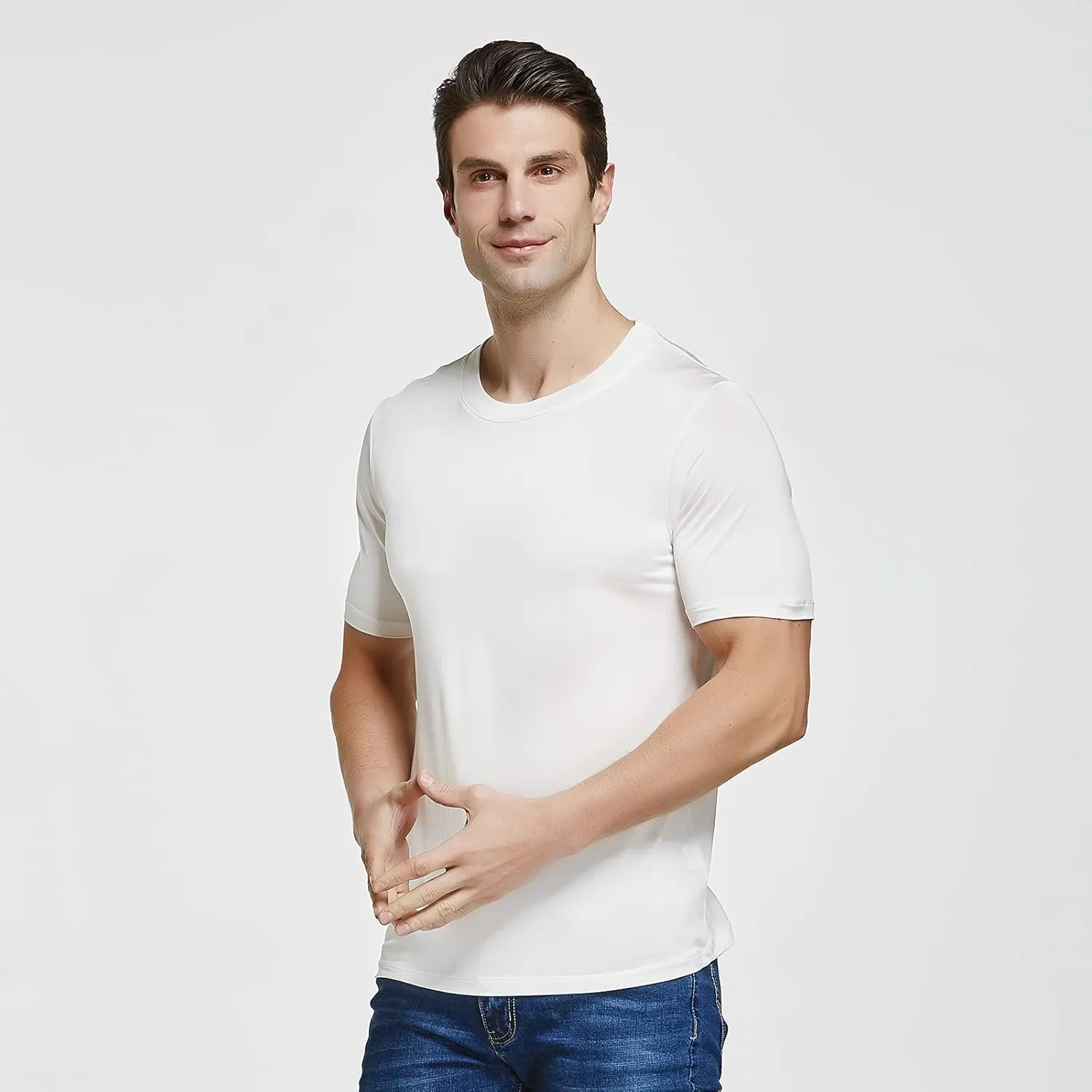 Viamulion Mens Silk Knitted T Shirt 100% Pure Mulberry Silk Sleep T Shirt Soft Cool Performance Crew Neck Casual Undershirt