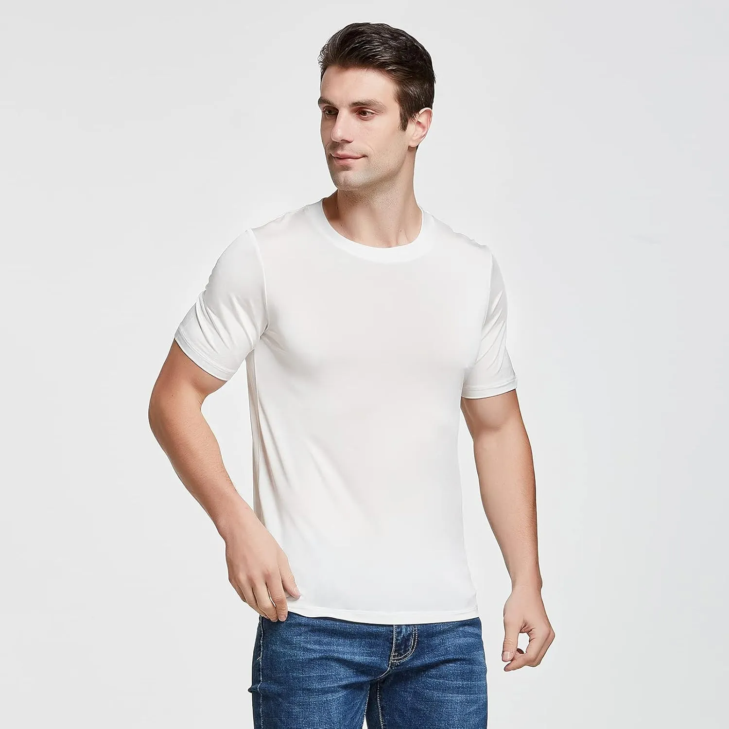 Viamulion Mens Silk Knitted T Shirt 100% Pure Mulberry Silk Sleep T Shirt Soft Cool Performance Crew Neck Casual Undershirt