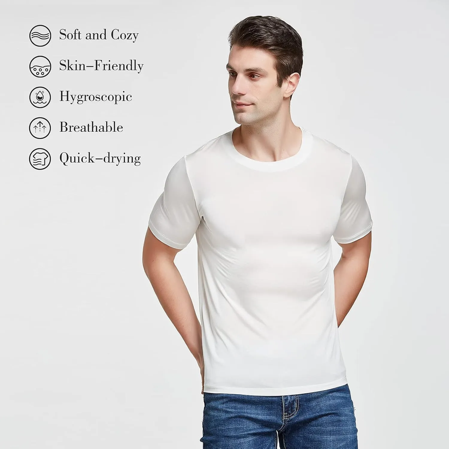 Viamulion Mens Silk Knitted T Shirt 100% Pure Mulberry Silk Sleep T Shirt Soft Cool Performance Crew Neck Casual Undershirt