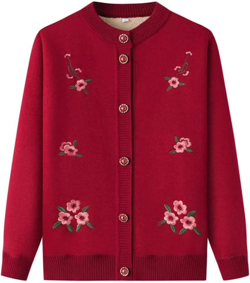 Vintage Flower Embroidery Mother's Long Sleeve Coat Grandma Warm Plus Fleece Thicken Sweater Cardigan