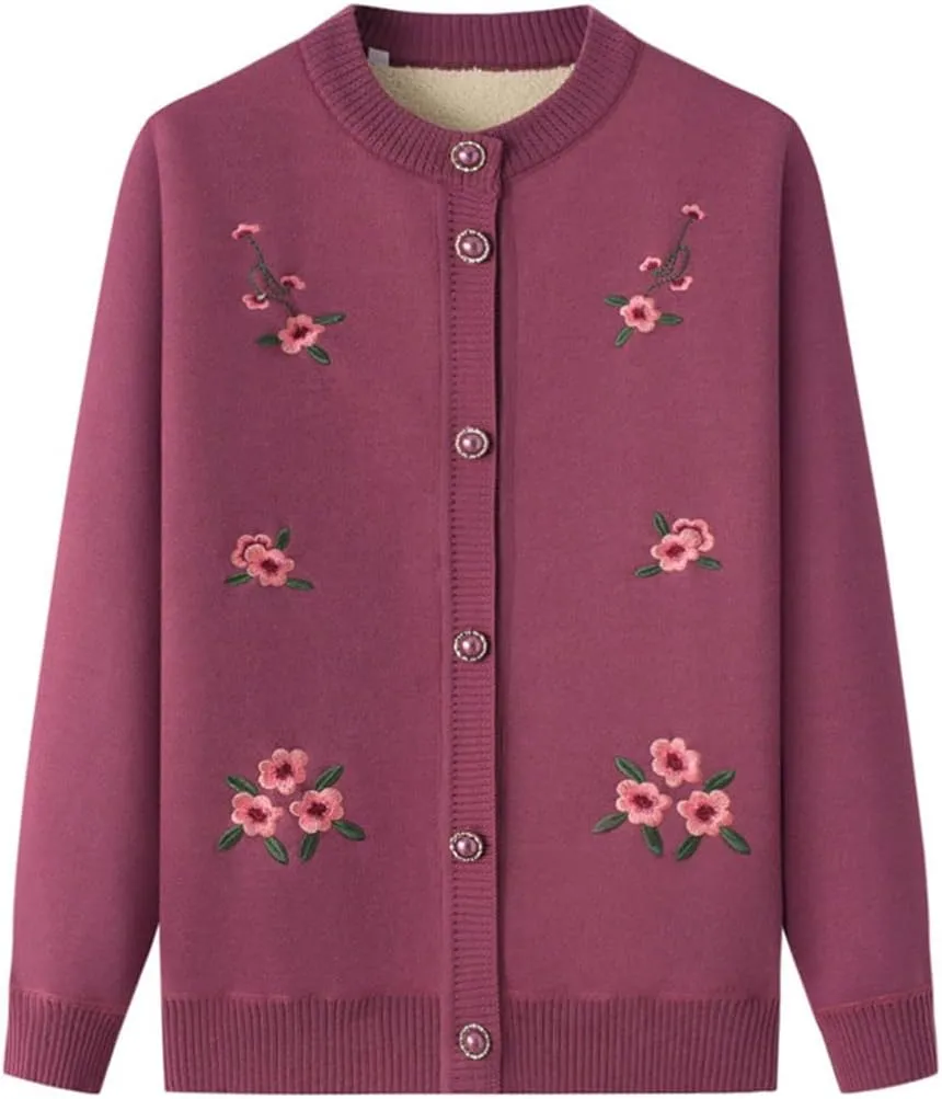 Vintage Flower Embroidery Mother's Long Sleeve Coat Grandma Warm Plus Fleece Thicken Sweater Cardigan