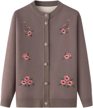 Vintage Flower Embroidery Mother's Long Sleeve Coat Grandma Warm Plus Fleece Thicken Sweater Cardigan