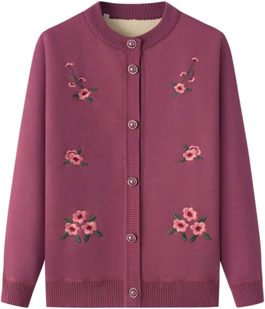 Vintage Flower Embroidery Mother's Long Sleeve Coat Grandma Warm Plus Fleece Thicken Sweater Cardigan