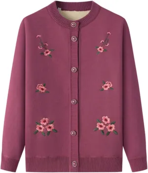 Vintage Flower Embroidery Mother's Long Sleeve Coat Grandma Warm Plus Fleece Thicken Sweater Cardigan