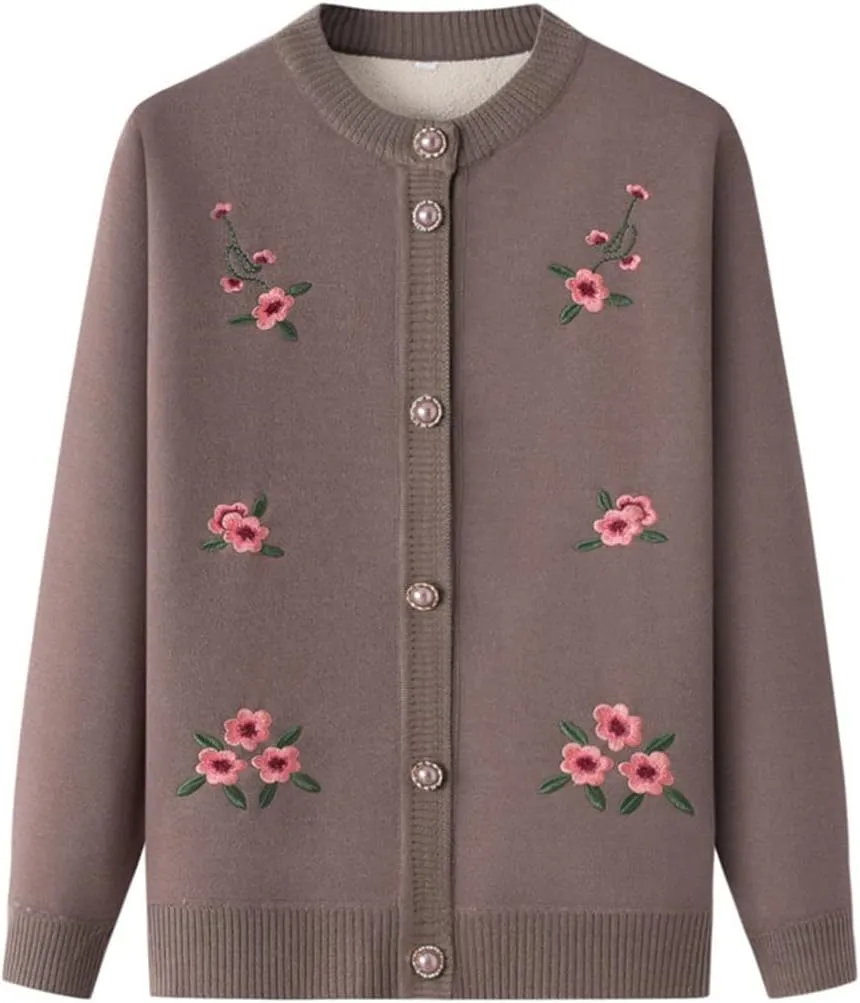 Vintage Flower Embroidery Mother's Long Sleeve Coat Grandma Warm Plus Fleece Thicken Sweater Cardigan