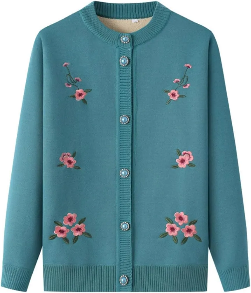 Vintage Flower Embroidery Mother's Long Sleeve Coat Grandma Warm Plus Fleece Thicken Sweater Cardigan