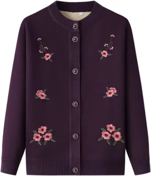 Vintage Flower Embroidery Mother's Long Sleeve Coat Grandma Warm Plus Fleece Thicken Sweater Cardigan