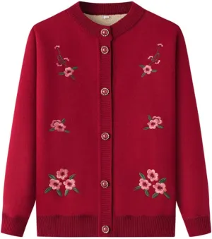 Vintage Flower Embroidery Mother's Long Sleeve Coat Grandma Warm Plus Fleece Thicken Sweater Cardigan