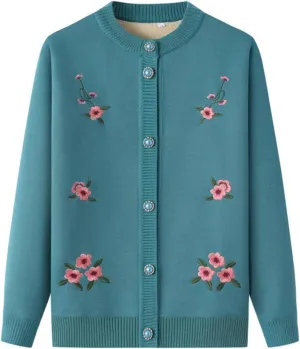 Vintage Flower Embroidery Mother's Long Sleeve Coat Grandma Warm Plus Fleece Thicken Sweater Cardigan