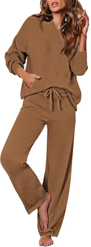 Viottiset Women's 2 Piece Outfits Sweater Set Long Sleeve Hoodies With Pocket Wide Leg Pants Lounge Sets Tracksuit