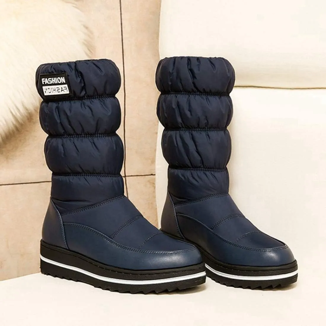 VOKLIN Women's Winter Mid Calf Snow Boots Waterproof Rain Platform Elastic Fur Lined Cold Weather Snow Boot