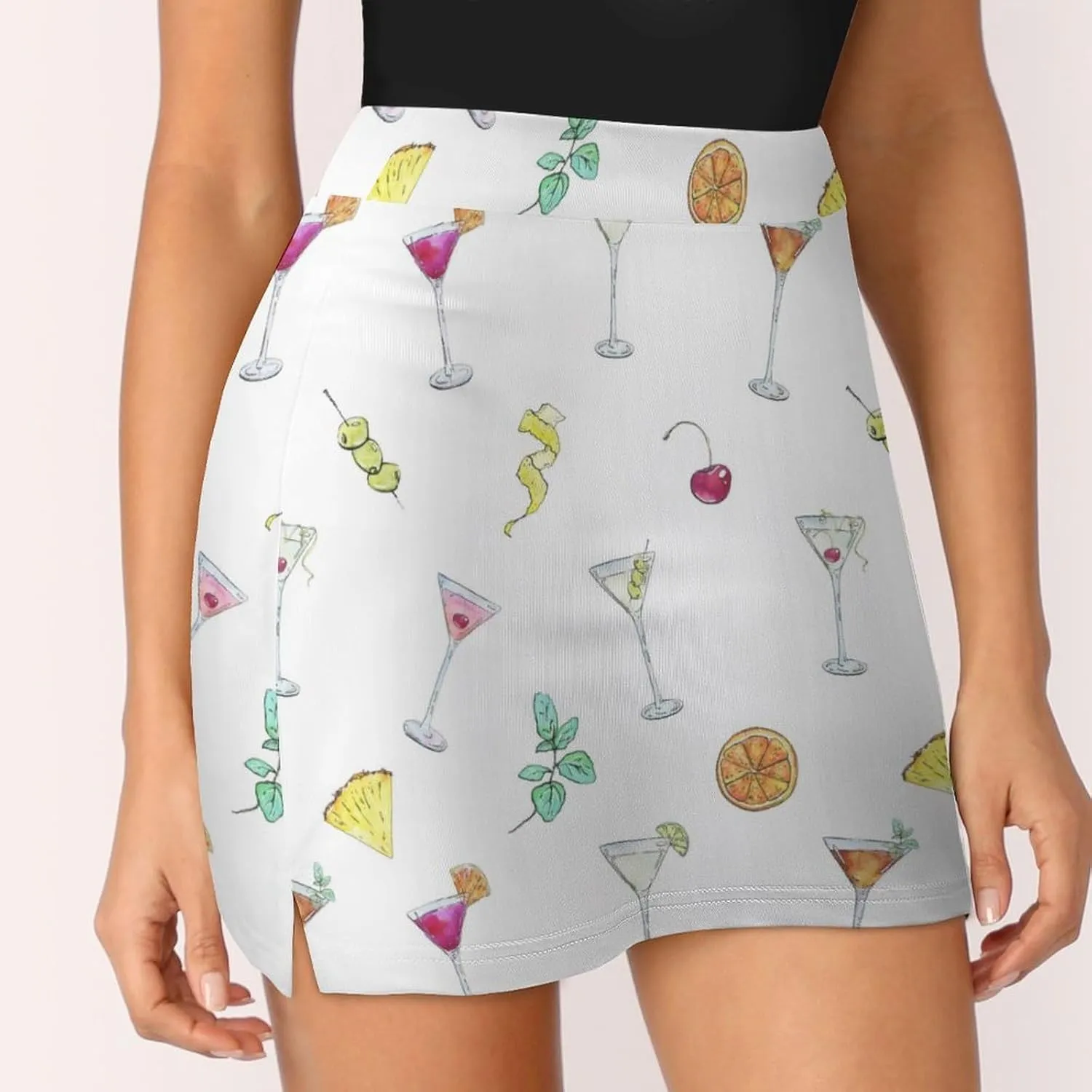 Watercolor Cocktails Glass Women's Mini Tennis Skirt with Shorts Underneath Athletic Workout Cute Skorts