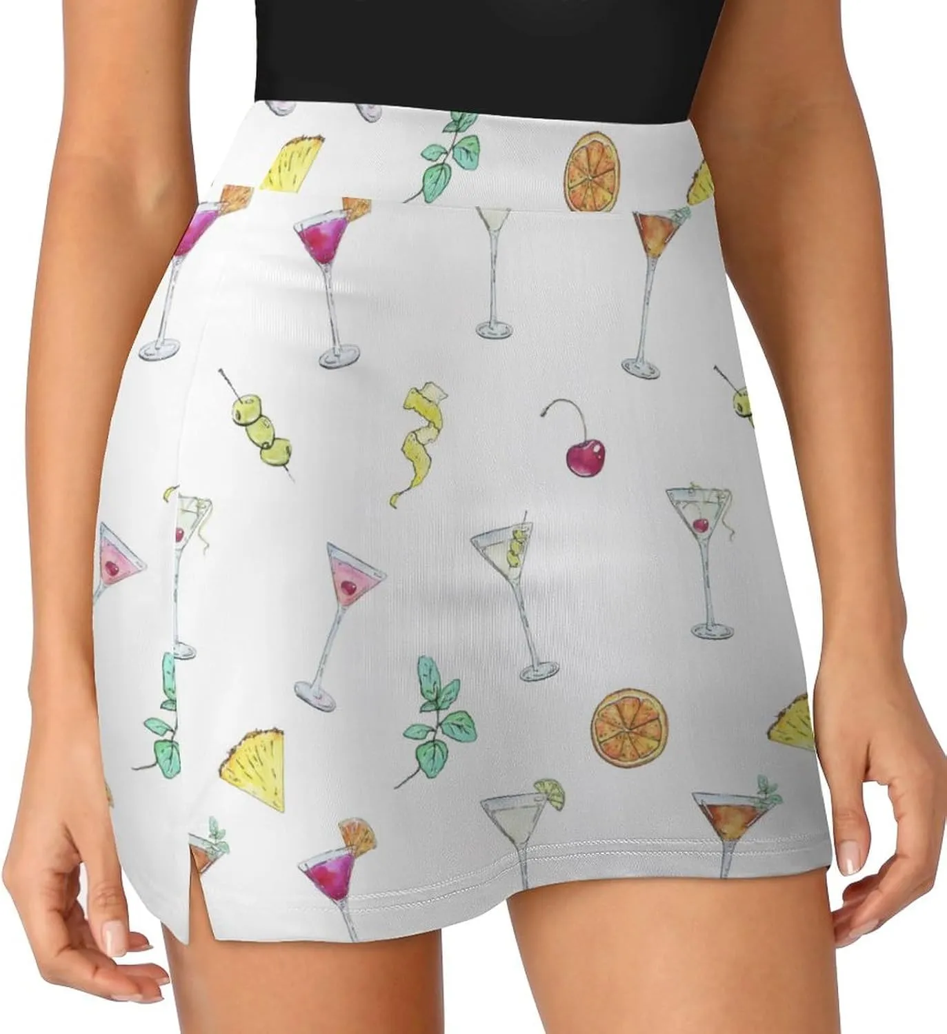 Watercolor Cocktails Glass Women's Mini Tennis Skirt with Shorts Underneath Athletic Workout Cute Skorts