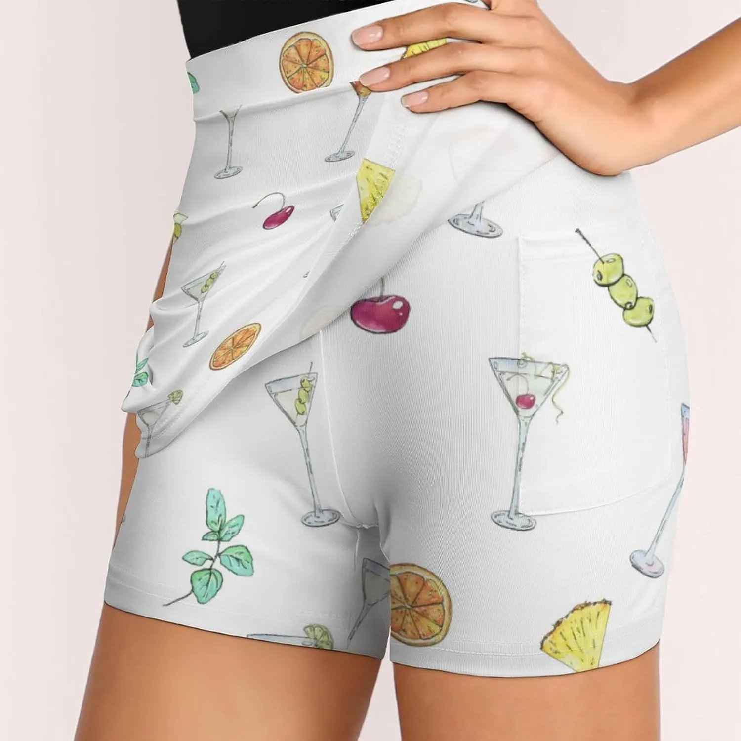 Watercolor Cocktails Glass Women's Mini Tennis Skirt with Shorts Underneath Athletic Workout Cute Skorts