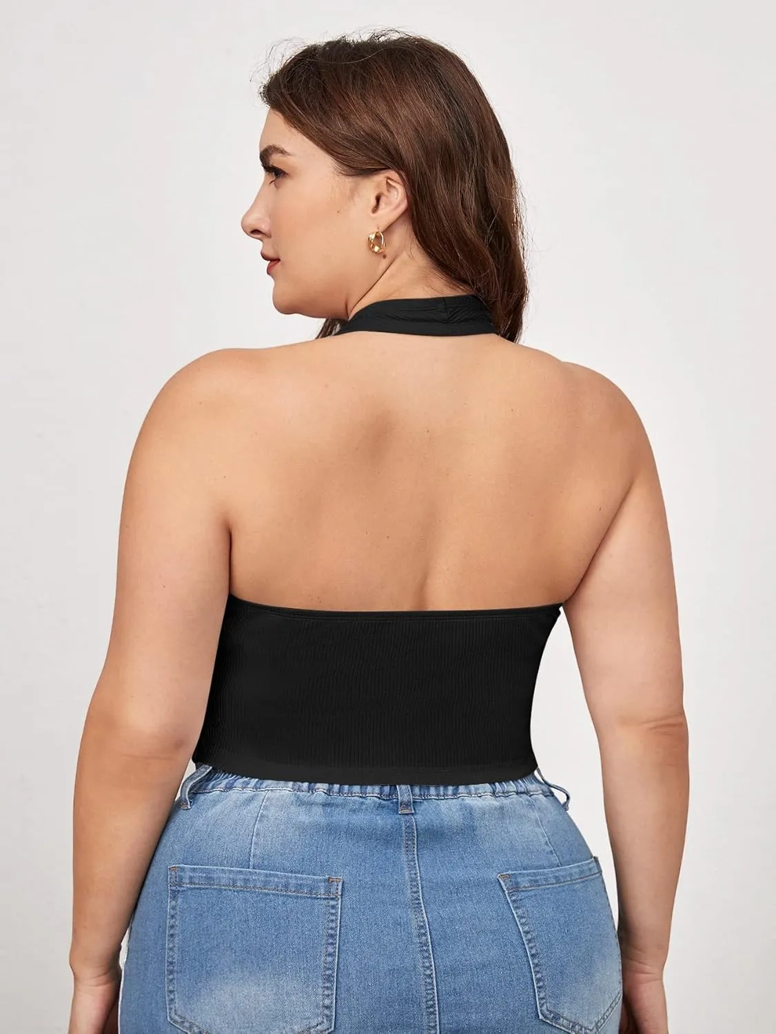 WDIRARA Women's Plus Size Sleeveless Backless Rib Knit Crop Halter Top