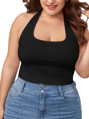 WDIRARA Women's Plus Size Sleeveless Backless Rib Knit Crop Halter Top