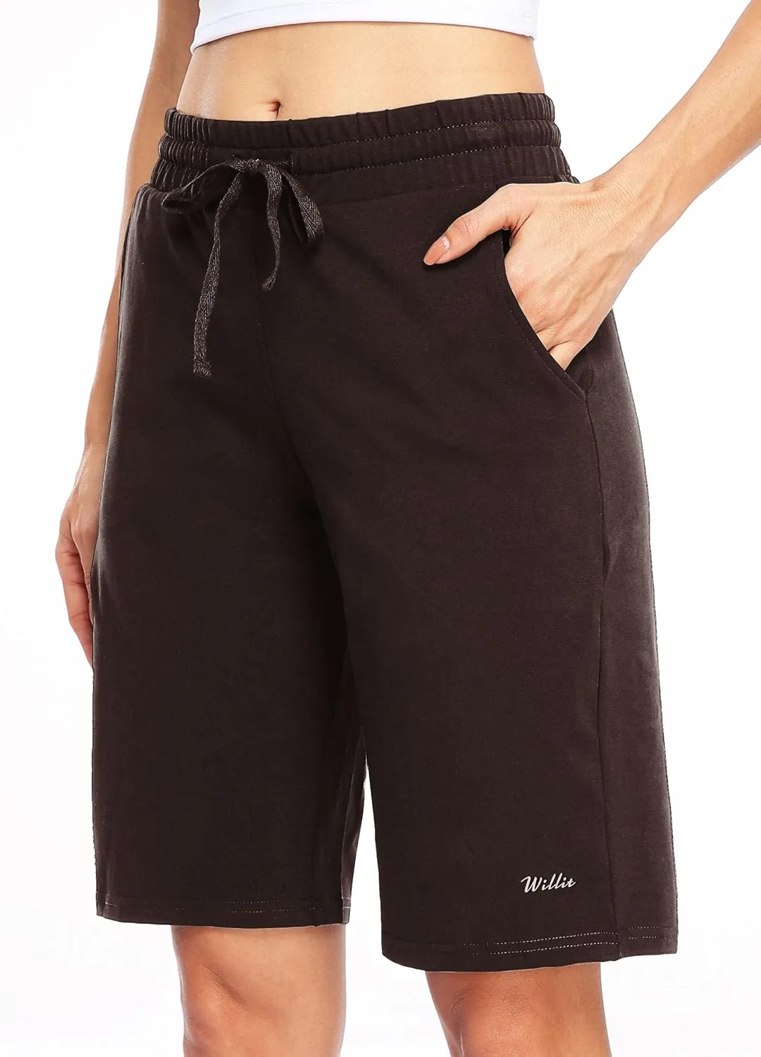 Willit Women's 10" Bermuda Cotton Long Shorts Yoga Exercise Knee Length Workout Athletic with Pockets