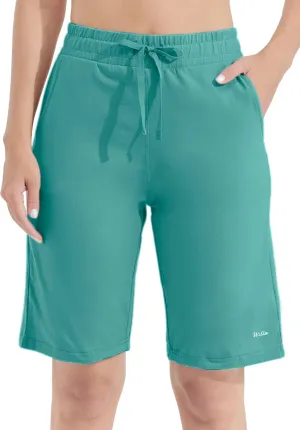 Willit Women's 10" Bermuda Cotton Long Shorts Yoga Exercise Knee Length Workout Athletic with Pockets