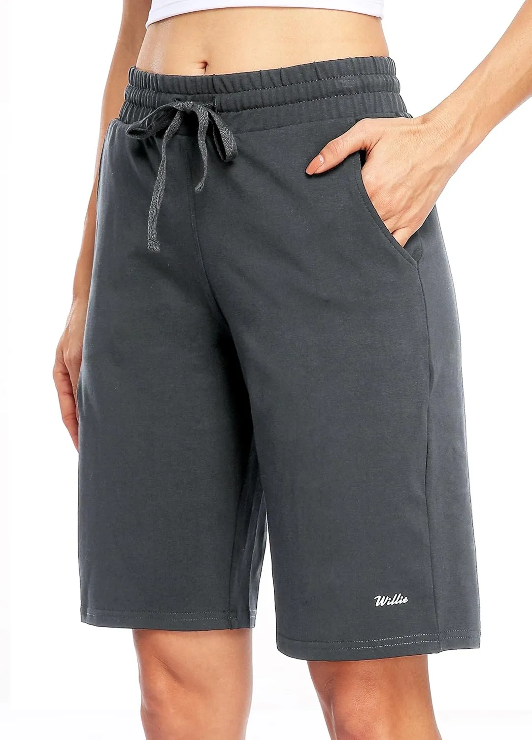 Willit Women's 10" Bermuda Cotton Long Shorts Yoga Exercise Knee Length Workout Athletic with Pockets