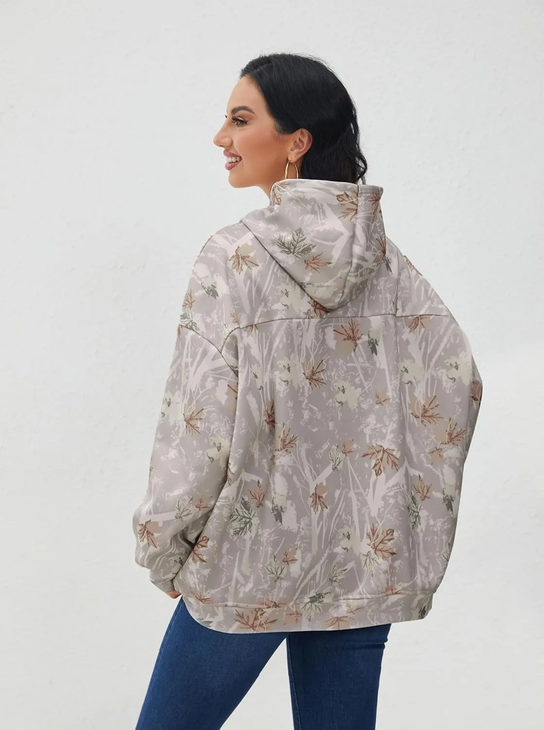 Women Camo Hoodies Oversized Maple Leaf Fleece Hooded Sweatshirt Long Sleeve Fall Trendy Pullover Hoodie with Pocket