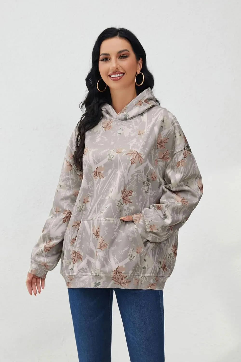 Women Camo Hoodies Oversized Maple Leaf Fleece Hooded Sweatshirt Long Sleeve Fall Trendy Pullover Hoodie with Pocket