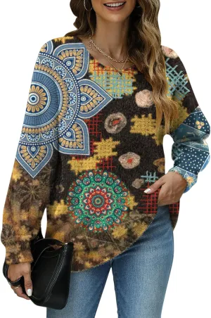 Women Christmas Sweater Graphic Oversized Long Sleeve Boho Printed Loose Fit Casual Knit Pullover Sweaters Top