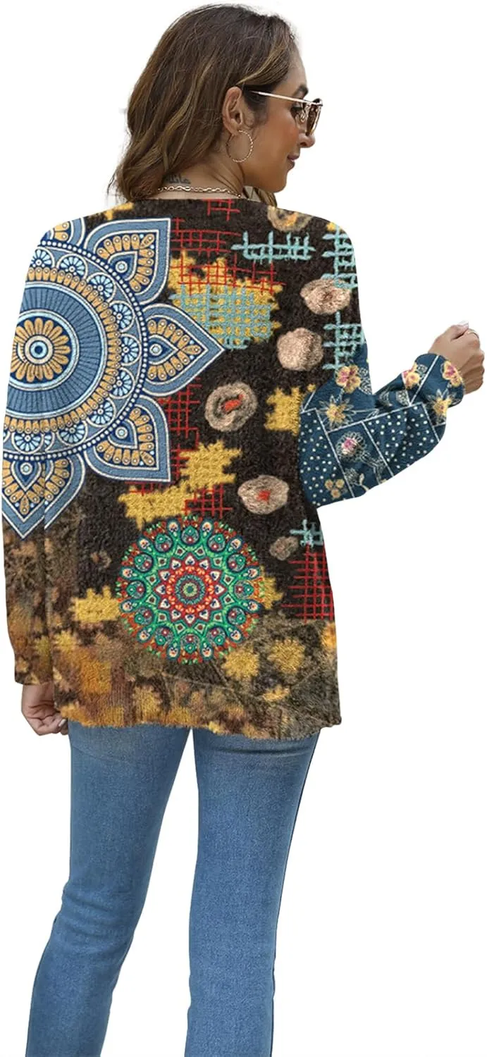 Women Christmas Sweater Graphic Oversized Long Sleeve Boho Printed Loose Fit Casual Knit Pullover Sweaters Top