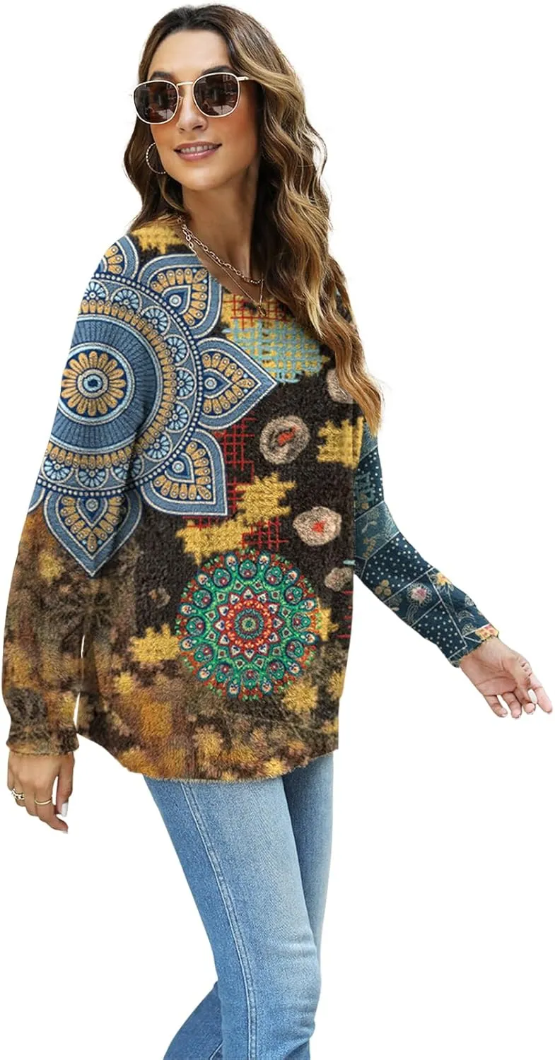 Women Christmas Sweater Graphic Oversized Long Sleeve Boho Printed Loose Fit Casual Knit Pullover Sweaters Top
