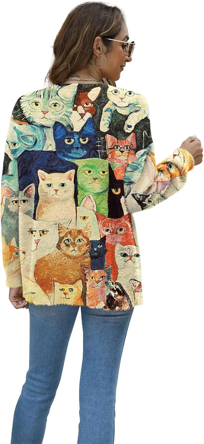 Women Christmas Sweater Graphic Oversized Long Sleeve Boho Printed Loose Fit Casual Knit Pullover Sweaters Top