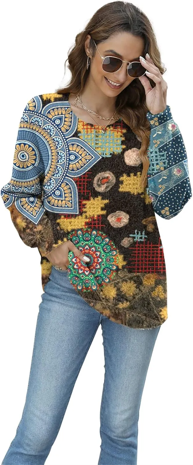 Women Christmas Sweater Graphic Oversized Long Sleeve Boho Printed Loose Fit Casual Knit Pullover Sweaters Top
